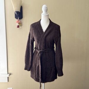 EXPRESS VTG Sequin Balloon Sleeve Belted Brown Cardigan Sweater‎ Women's XS Y2K